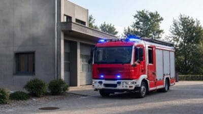 Rotes Feuerwehrfahrzeug mit blauem Blaulicht parkt vor einem Gebäude
