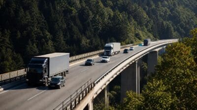 Mehrere Lastwagen und Pkw befahren die zweispurige Luegbruecke am Brenner.