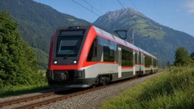 Roter und silberner Elektrotriebzug fährt auf Gleisen durch grüne Berglandschaft