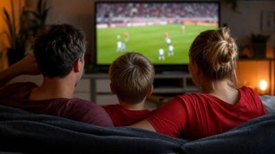 Ein Mann, ein Junge und eine Frau schauen von der Couch aus Fußball im Fernsehen.