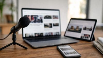 Ein Mikrofon auf Stativ vor einem Laptop, Tablet und Smartphone mit Nachrichten auf einem Holztisch.
