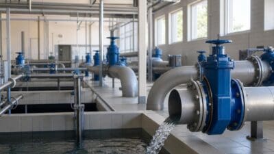 Blaue Ventile und silberne Rohre leiten Wasser in ein Becken einer technischen Anlage