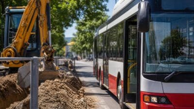 Weiß-roter Bus steht neben gelbem Bagger an Baustelle in einer Straße mit Bäumen