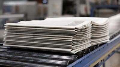 Stapel von Zeitungen auf einem Förderband in einer Produktionshalle