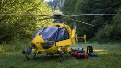 Gelber Rettungshubschrauber steht auf einer Wiese vor einem Wald