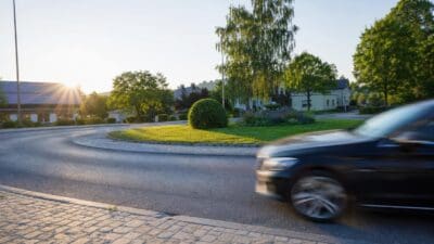 Schwarzes Auto fährt durch einen Kreisverkehr mit Bäumen und Häusern bei tiefer Sonne