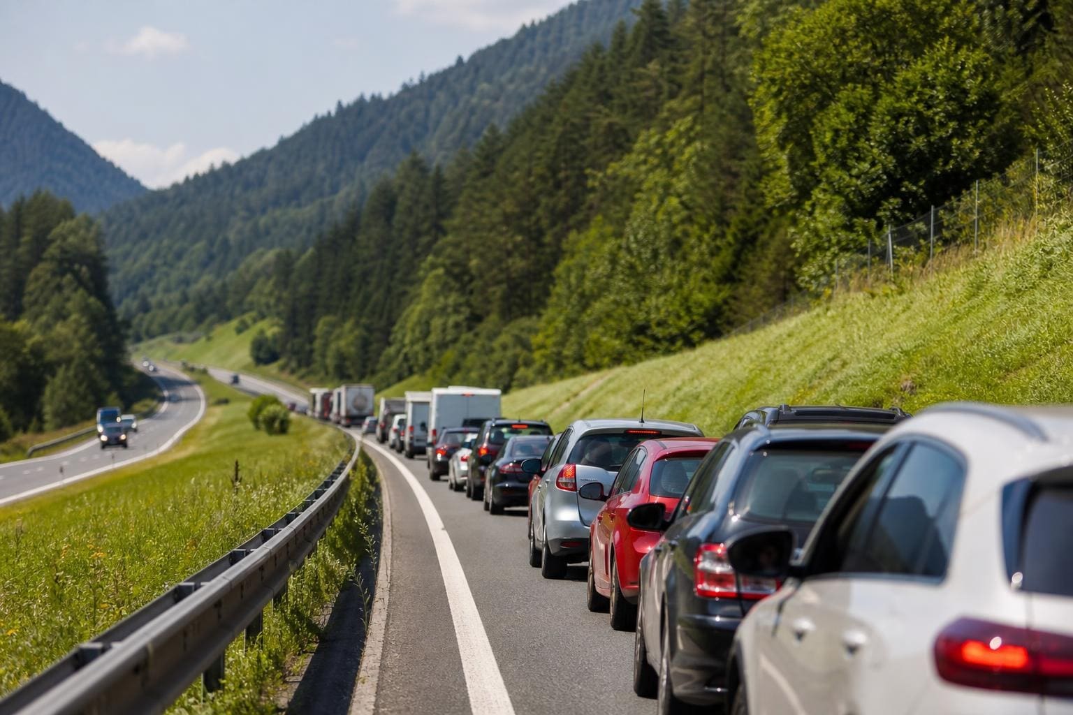 Lange Kolonne von Autos und Lastwagen im Stau auf einer Straße zwischen grünen Bergen und Wäldern