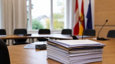Hoher Stapel Akten und Unterlagen auf einem Konferenztisch im Sitzungssaal
