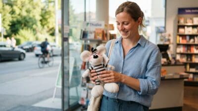 Eine lächelnde Frau hält eine Diddl-Maus-Plüschfigur in einer Buchhandlung.