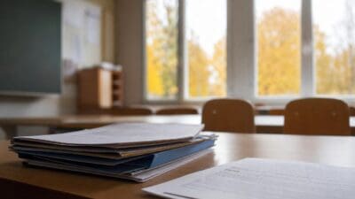 Aktenstapel und lose Dokumente liegen auf einem Tisch in einem leeren Klassenzimmer