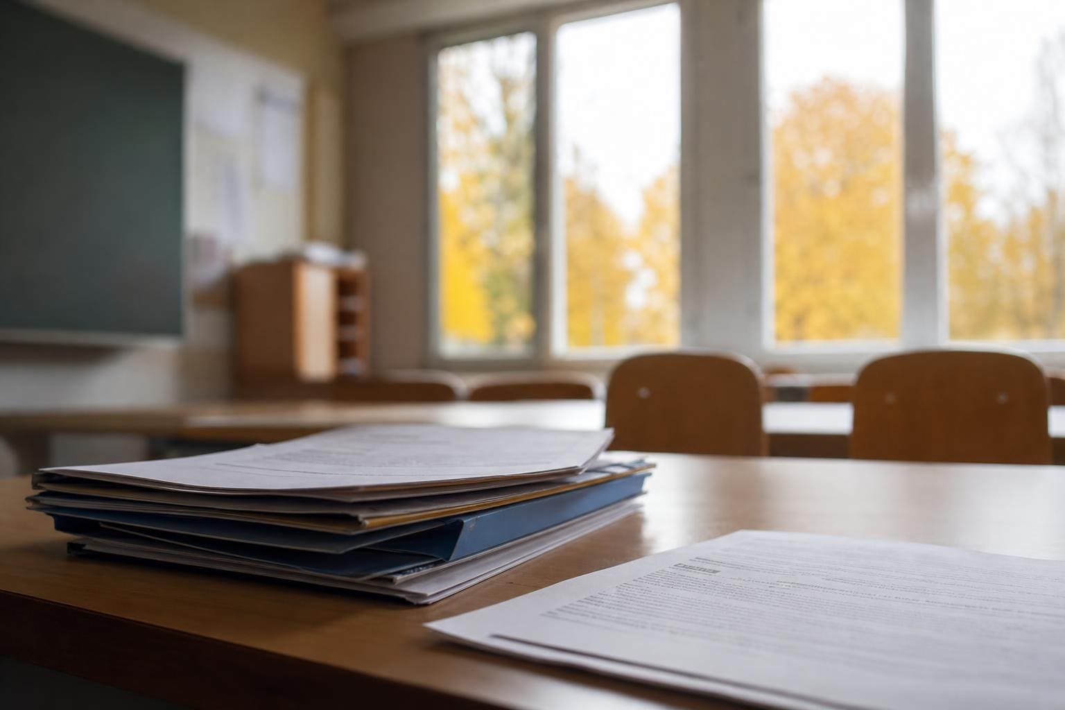 Aktenstapel und lose Dokumente liegen auf einem Tisch in einem leeren Klassenzimmer