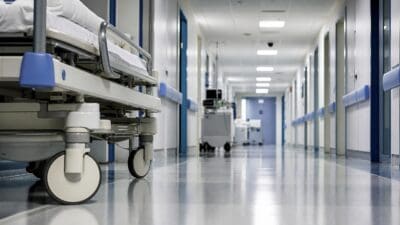 Krankenhausbett steht in einem langen, leeren Flur eines Krankenhauses mit glänzendem Boden.