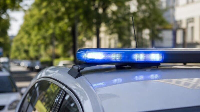 Blaues Blaulicht leuchtet auf dem Dach eines silbernen Polizeifahrzeugs.