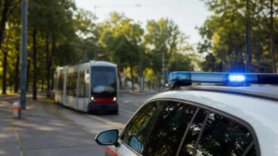 Polizeifahrzeug mit blauem Blaulicht vor einer Straßenbahn auf einer baumbestandenen Straße
