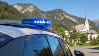 Blaues Blaulicht leuchtet auf dem Dach eines Polizeifahrzeugs vor Bergkulisse mit Kirchturm