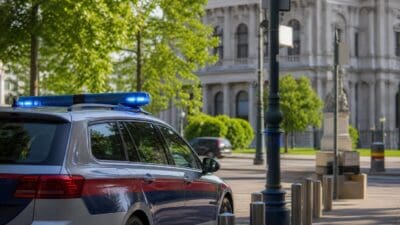 Polizeifahrzeug mit blauem Blaulicht parkt auf einer Straße vor einem großen Gebäude