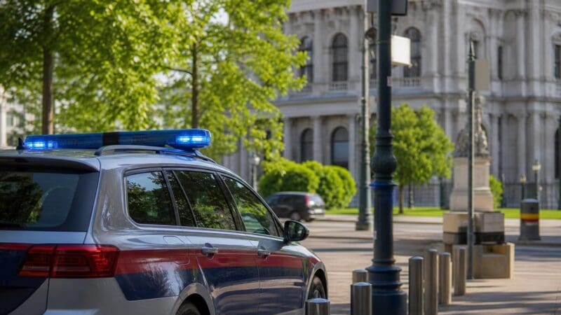 Polizeifahrzeug mit blauem Blaulicht parkt auf einer Straße vor einem großen Gebäude