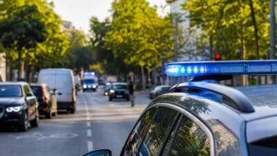 Polizeifahrzeug mit blauem Blaulicht auf einer baumbestandenen Straße in Wien