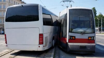 Weißer Reisebus und Straßenbahn berühren sich auf den Gleisen nach Kollision in Wien
