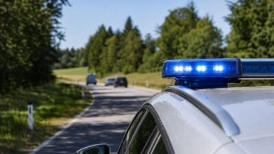 Polizeiauto mit leuchtendem Blaulicht auf einer von Bäumen gesäumten Landstraße