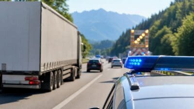 Polizeifahrzeug mit blauem Blaulicht auf Autobahn hinter einem weißen Lkw