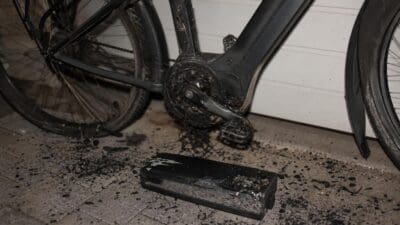 Ein stark verbrannter schwarzer Akku eines E-Bikes liegt auf dem Pflaster neben dem beschädigten Antrieb eines Fahrrads.