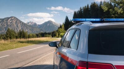 Heckansicht eines silbernen Polizeiautos mit blauem Blaulicht auf einer Straße vor Bergen