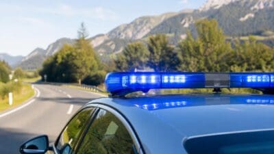 Blaulicht auf dem Dach eines Polizeifahrzeugs an einer kurvigen Straße mit Bergen im Hintergrund.