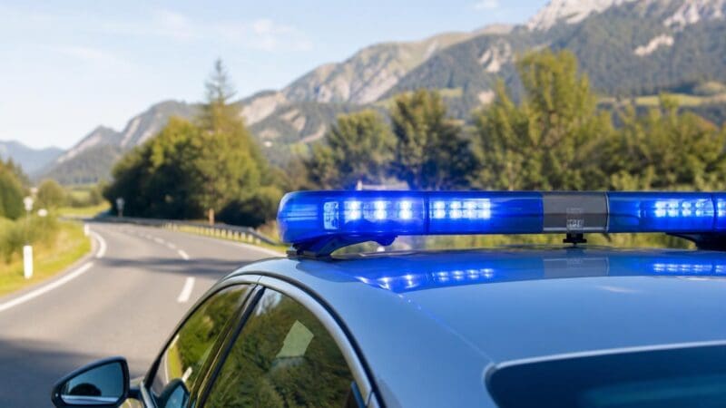 Blaulicht auf dem Dach eines Polizeifahrzeugs an einer kurvigen Straße mit Bergen im Hintergrund.