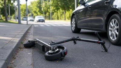 Ein schwarzer E-Scooter liegt auf der Straße neben einem dunklen Pkw an einer Ampel.