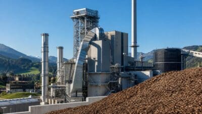 Industrieanlage mit grauen Gebäuden, Rohren und einem großen Haufen Holzspäne vor Berglandschaft und blauem Himmel.