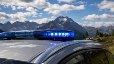 Blaues Blaulicht auf dem Dach eines Polizeifahrzeugs vor einer Berglandschaft.