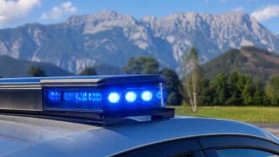 Nahaufnahme eines blauen Blaulichts auf dem Dach eines Polizeifahrzeugs vor Bergkulisse in Tirol