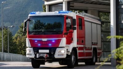 Rotes und weißes Feuerwehrfahrzeug mit blauen Blaulichtern vor einer Feuerwache in den Bergen