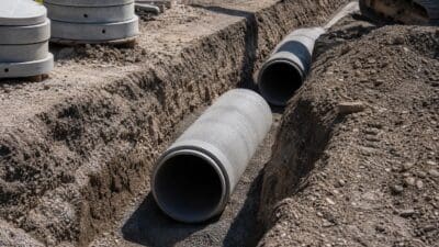 Große graue Betonrohre liegen in einem ausgehobenen Graben auf einer Baustelle.