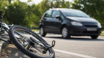 Ein umgestürztes Fahrrad liegt am Straßenrand neben einem schwarzen Auto