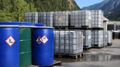 Blaue und grüne Gefahrstofffässer mit Warnsymbolen vor gestapelten IBC-Containern