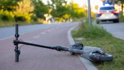 Umgestürzter schwarzer E-Scooter auf einem roten Radweg mit Polizeifahrzeug und Blaulicht im Hintergrund