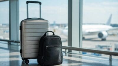 Silberner Rollkoffer und schwarzer Rucksack im Flughafenterminal vor einem Flugzeug