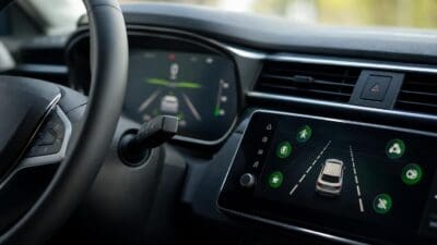 Nahaufnahme eines modernen Autodashboard mit Lenkrad und digitalen Assistenzdisplays
