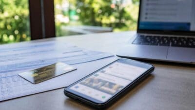 Ein Smartphone liegt auf einem Tisch neben einer Kreditkarte und einem aufgeklappten Laptop