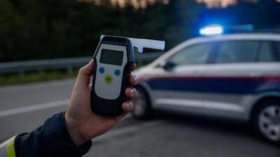 Eine Hand hält ein Alkoholmessgerät vor einem Streifenwagen mit Blaulicht.