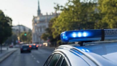 Blaues Blaulicht leuchtet auf dem Dach eines Polizeifahrzeugs auf einer Stadtstraße