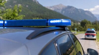 Blaue Lichtleiste auf einem Polizeifahrzeug, im Hintergrund ein weiteres Einsatzfahrzeug und Berge