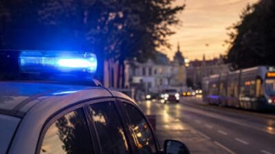 Polizeifahrzeug mit aktiviertem blauem Blaulicht auf einer Stadtstraße in der Dämmerung