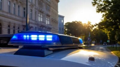 Blaues Blaulicht leuchtet auf dem Dach eines Polizeiautos vor einer Gebäudezeile