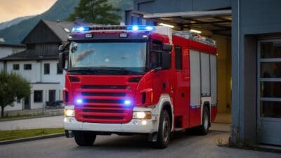 Rotes Feuerwehrauto mit eingeschalteten blauen Blaulichtern vor einer offenen Garage in den Bergen