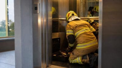 Feuerwehrmann in gelber Schutzkleidung kniet vor offenem Aufzug und arbeitet mit Werkzeugen
