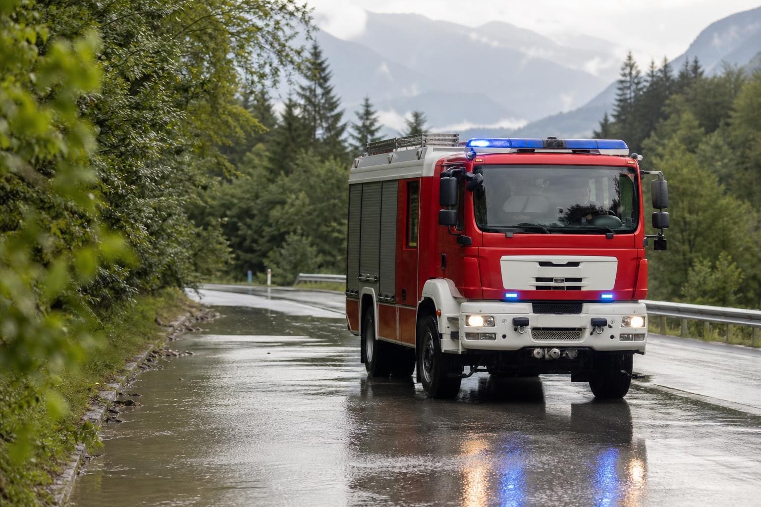 Rotes Feuerwehrfahrzeug mit Blaulicht auf nasser Straße in bergiger Landschaft