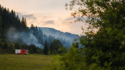 Ein rotes Feuerwehrfahrzeug parkt auf einer Wiese mit Rauch über dem dahinterliegenden Wald.